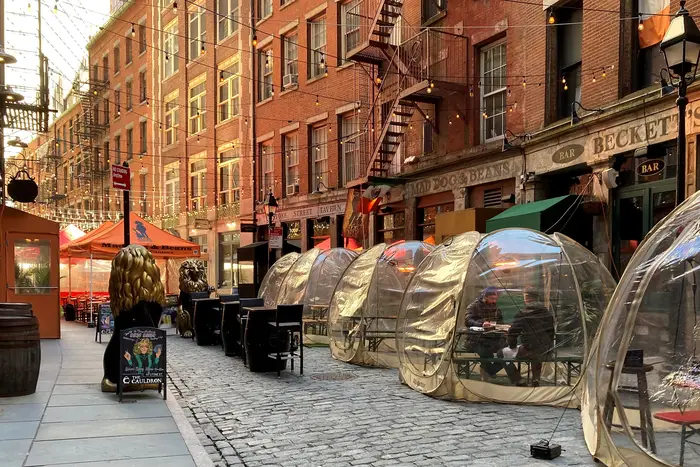 outdoor dining bubbles in the Seaport district